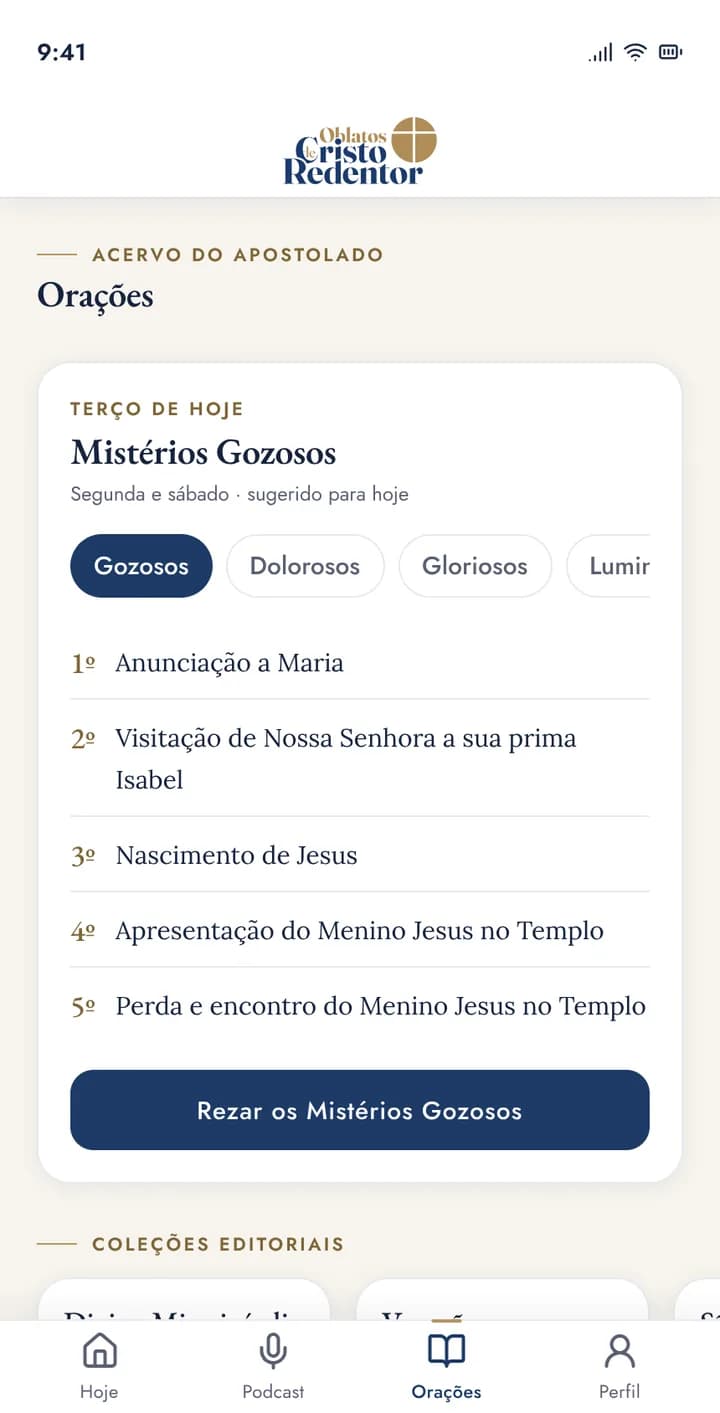 Aba Orações do aplicativo