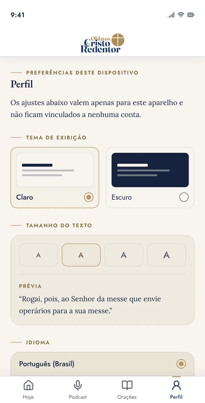 Aba Perfil do aplicativo no modo claro