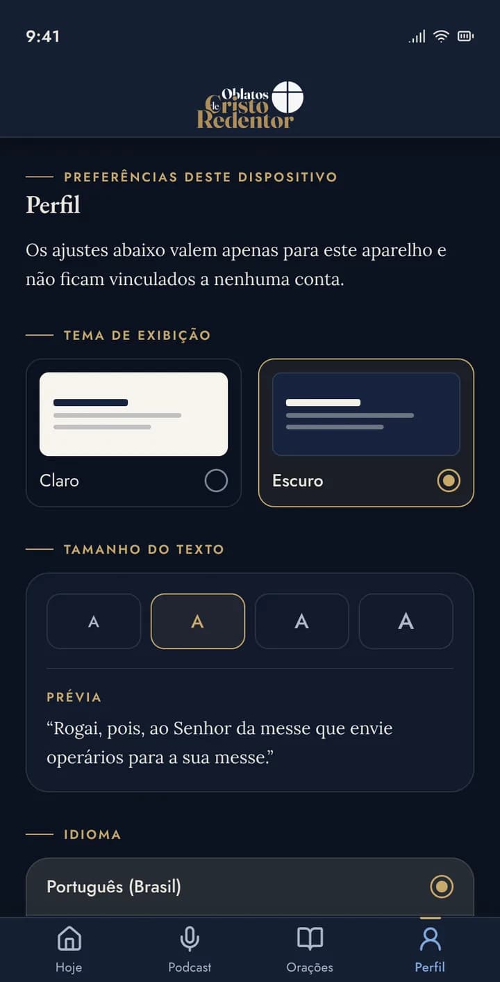 Aba Perfil do aplicativo no modo escuro